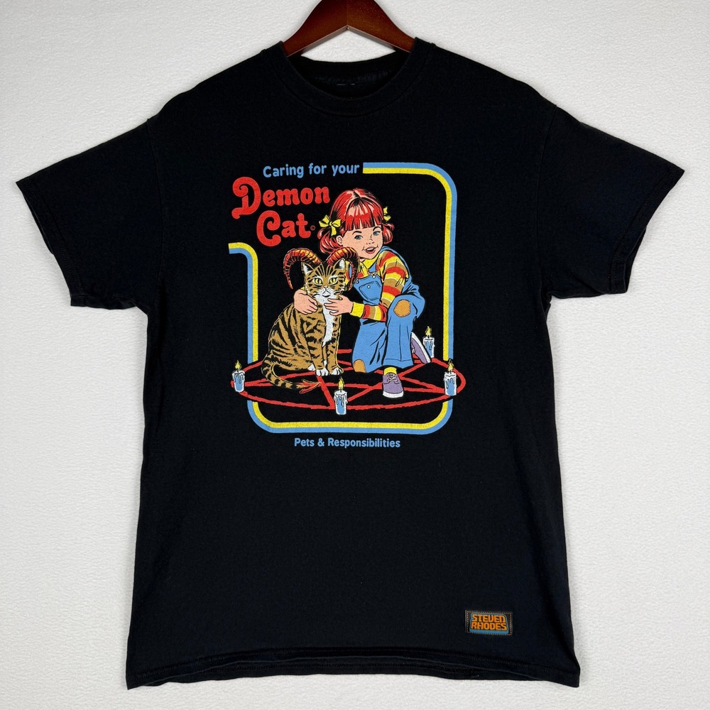 Steven Rhodes Caring For Your Demon Cat T-Shirt Mens Medium Black Whimsigoth